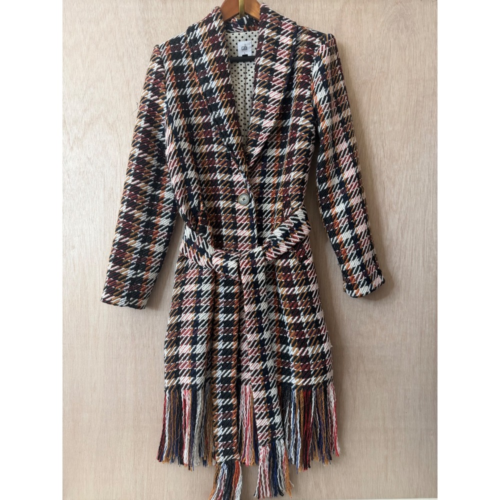 Cabi Women Plaid Wool Blend Fringe Hem Wrap Coat Multi Color Small